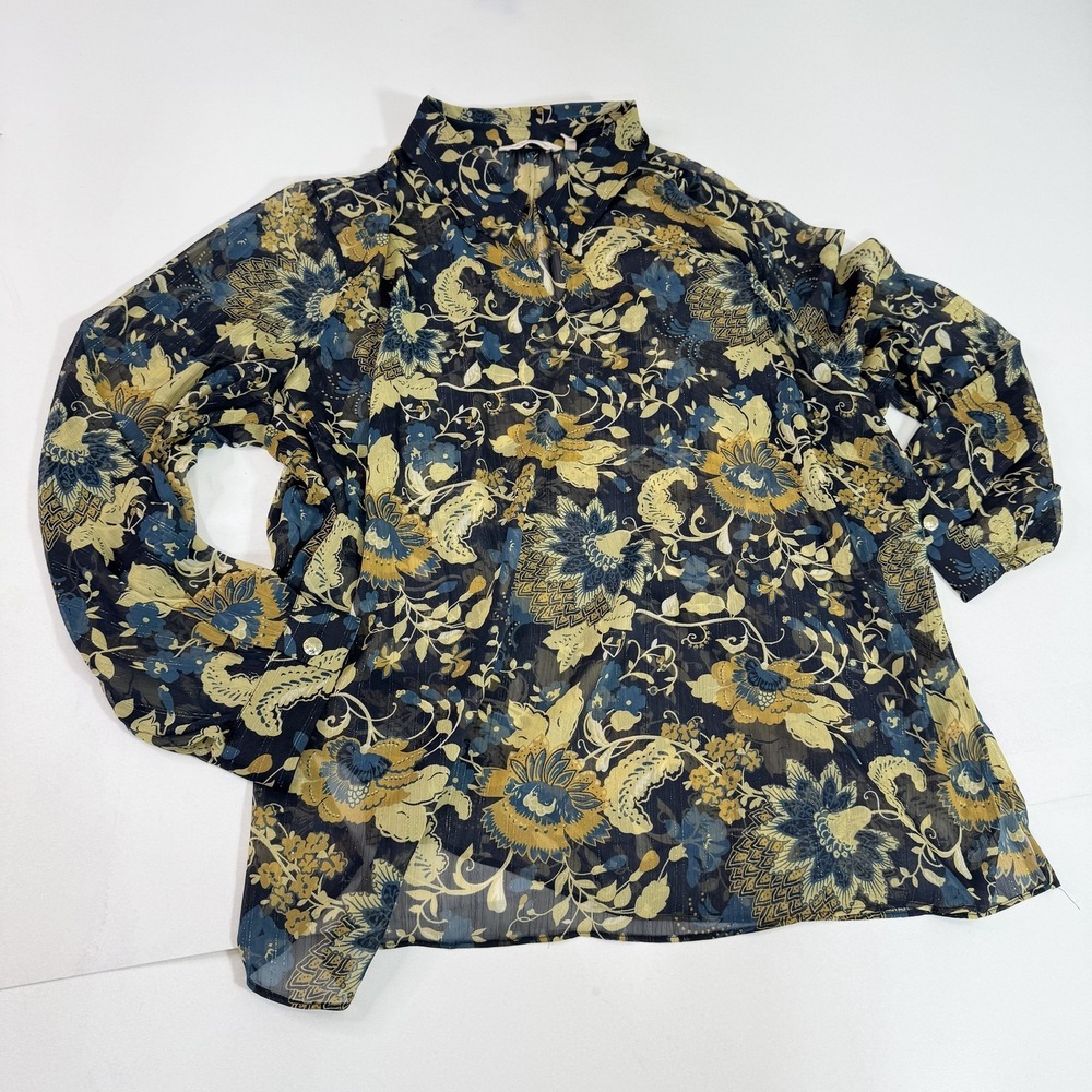 Soft Surroundings Blouse Womens 3X Sheer Floral Button Up Long Sleeve Top